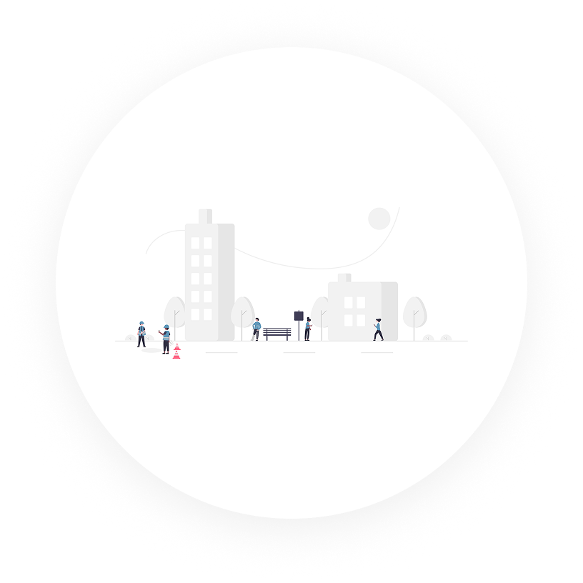 地方の街並みをイメージさせる建物と人々の生活風景を描いたイラスト